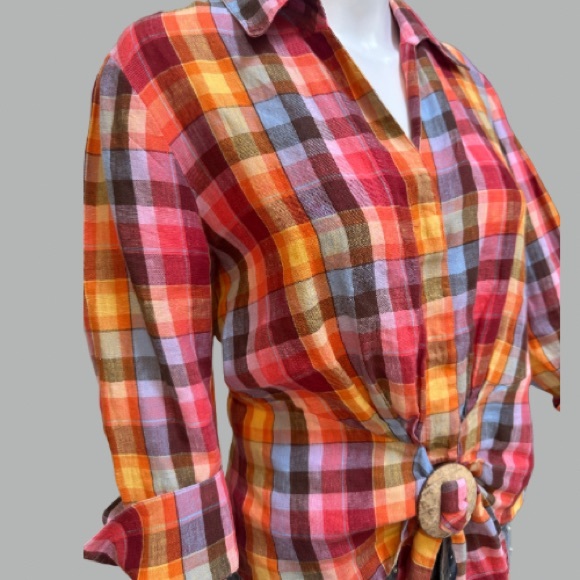 Lafayette 148 New York Plaid Button Front Buckle Accent Shirt - Picture 2 of 9